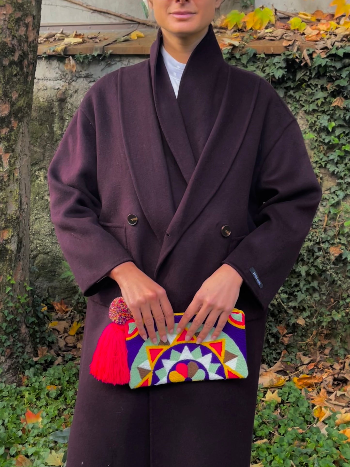 DOUBLE COLLARD AUBERGINE WOOL COAT