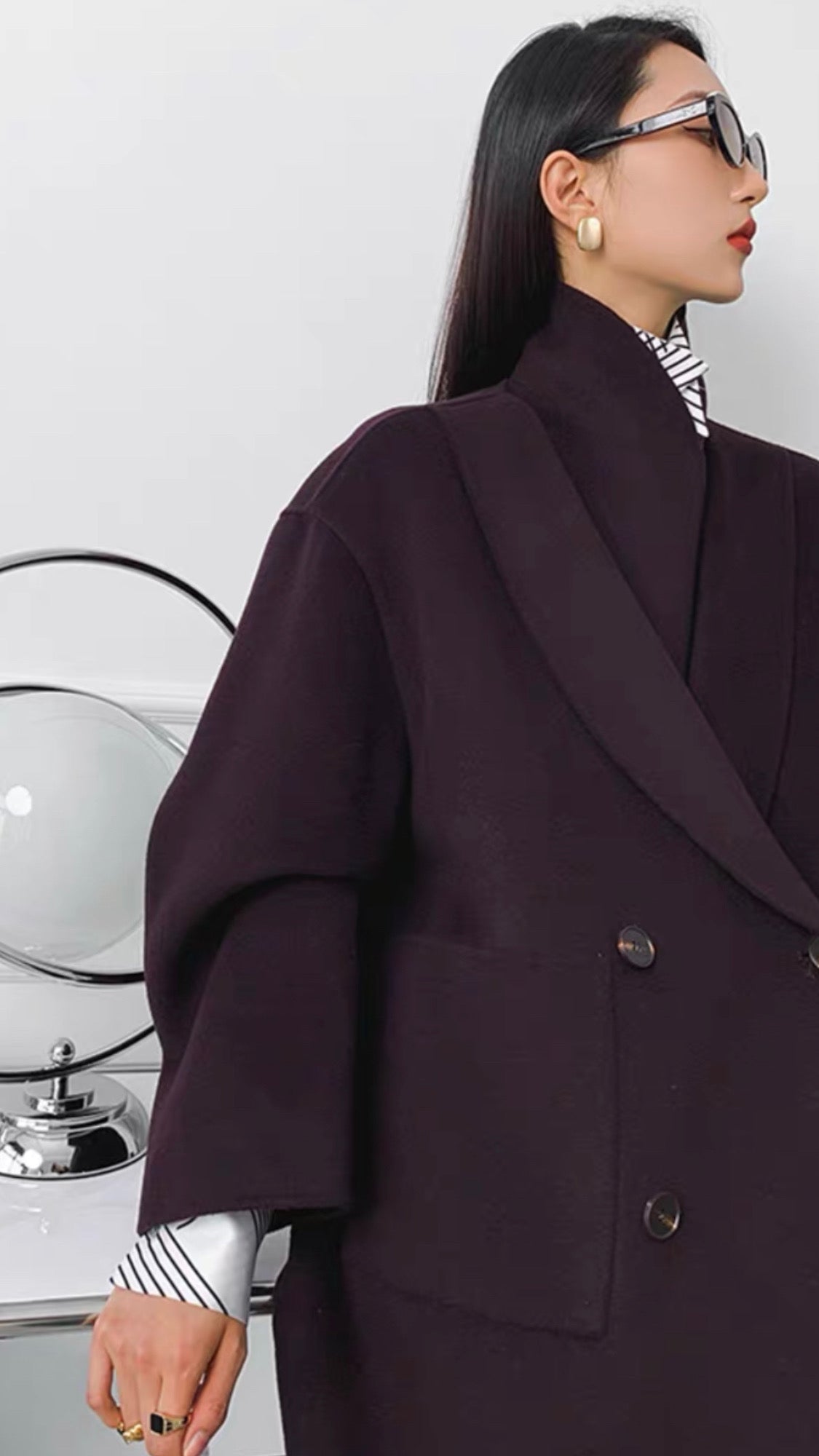 MANTEAU EN LAINE AUBERGINE DOUBLE COL