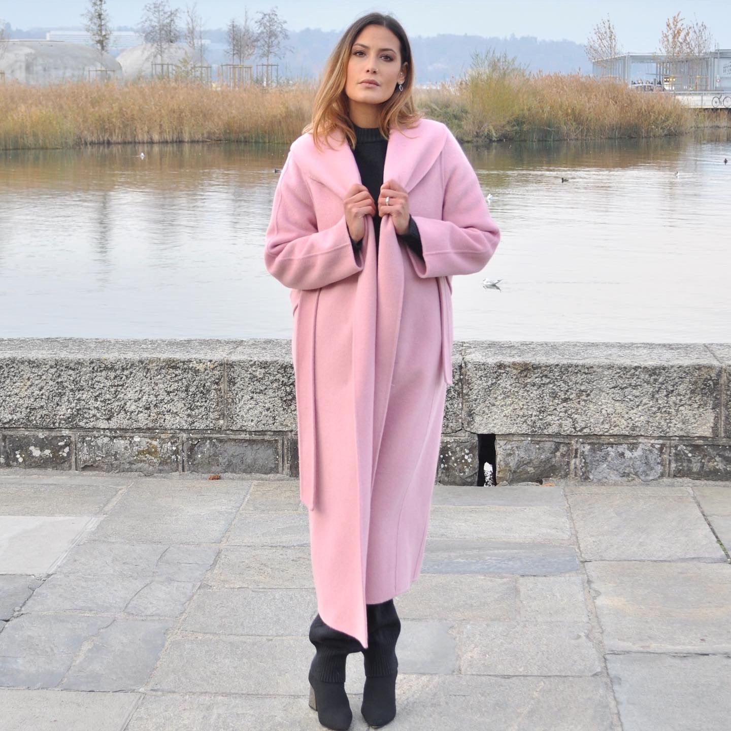 PINK OPEN COLLARD WOOL COAT