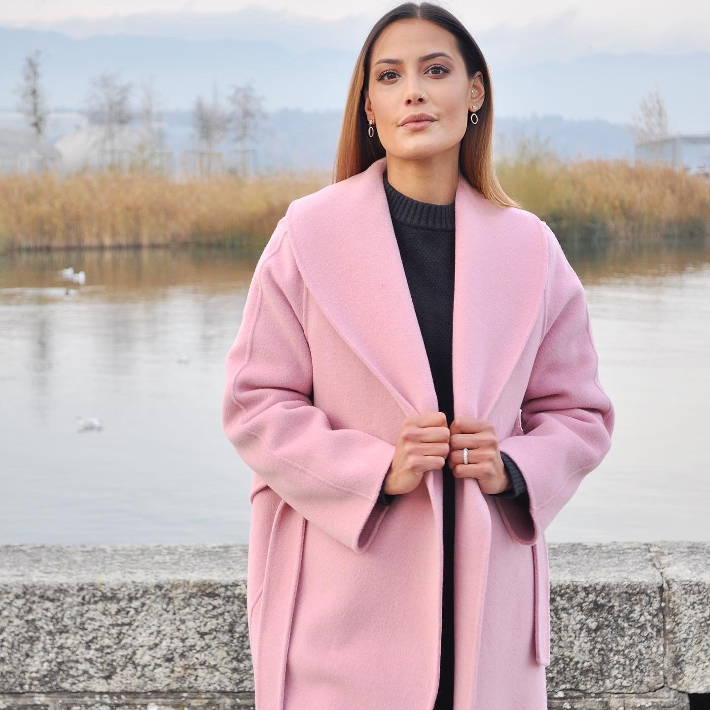 PINK OPEN COLLARD WOOL COAT