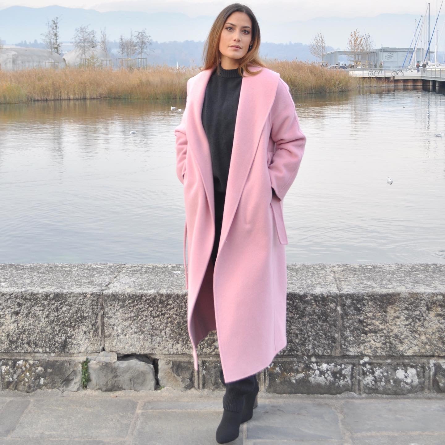 PINK OPEN COLLARD WOOL COAT